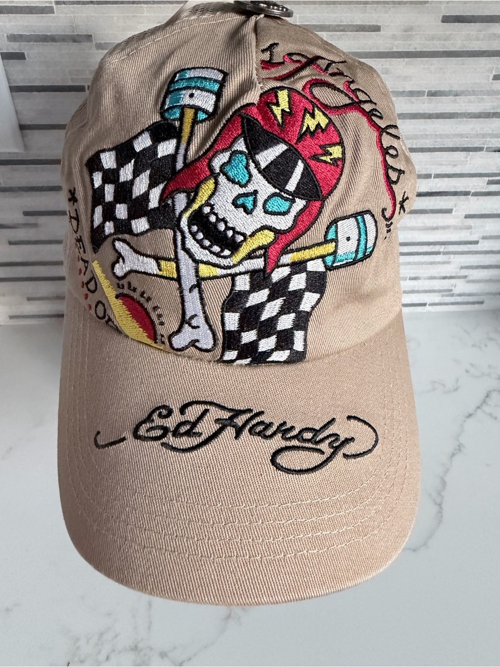 Vintage Ed Hardy by Christian Audigier Beige Dead or Alive Skeleton Trucker Hat